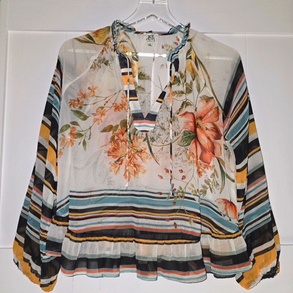 • DRA Los Angeles • Floral Striped Sheer Blouse Peasant Puff Sleeve Romantic